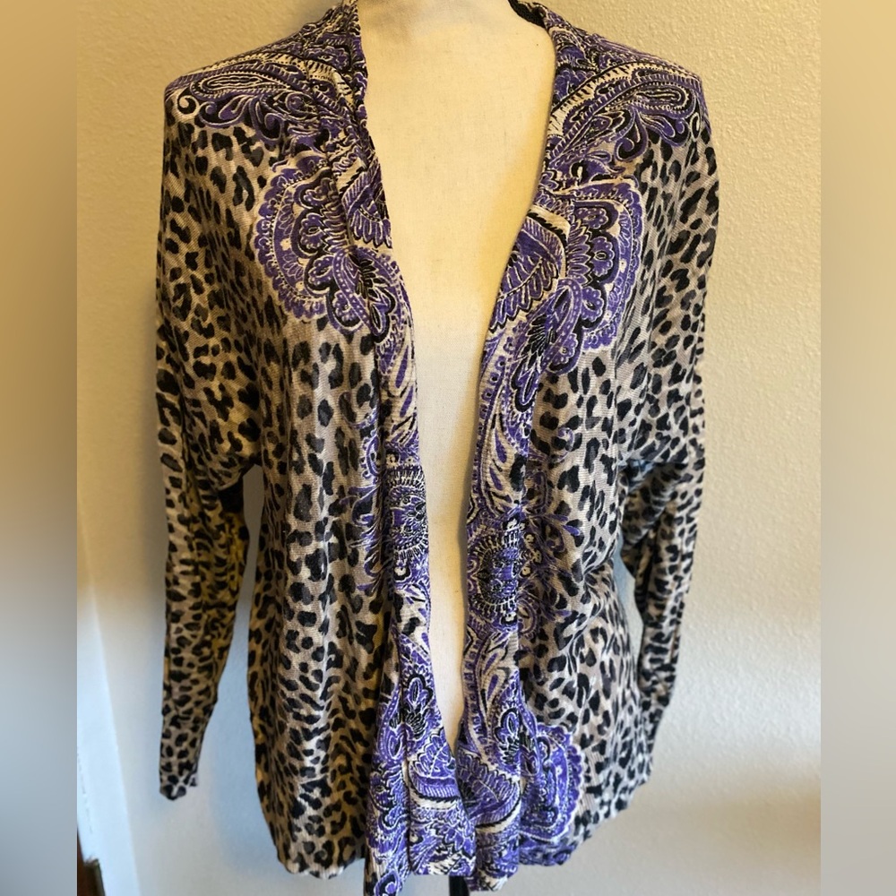 Women’s Chico’s Open Sweater Cardigan Leopard Purple Paisley Sz 2 Large